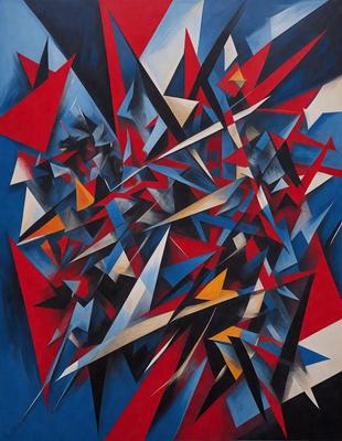 The primary subject of the image is a colorful, abstract painting featuring a mix of red, blue, yellow, and orange colors. The painting is a combination of geometric shapes and lines, creating a visually striking and dynamic composition. The setting is a wall, and the visual style is a mix of digital art and illustration. The colors and mood of the painting evoke a sense of energy and vibrancy, making it an eye-catching and engaging piece of art.